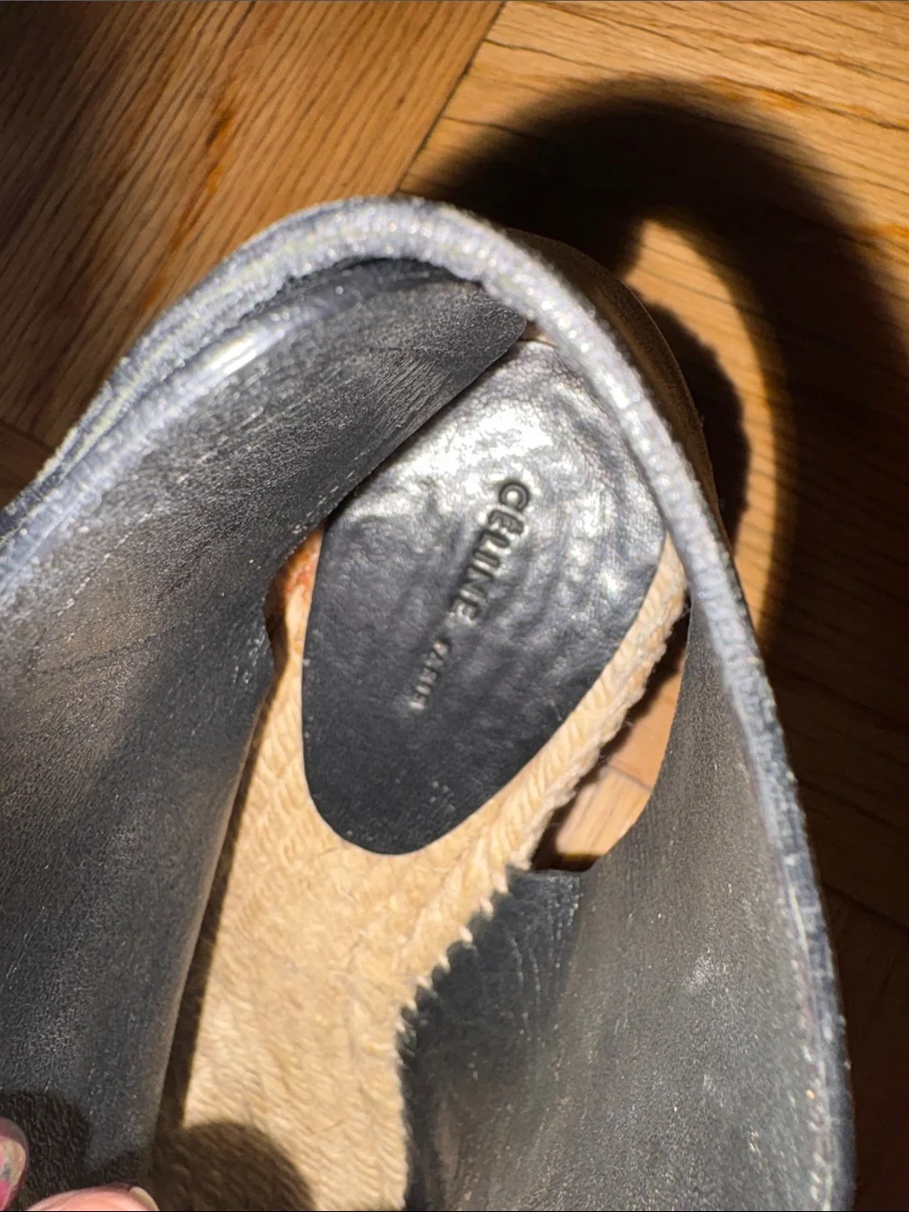 CELINE Black Leather Open-Toe Thong Espadrille Wedge Sandal 37